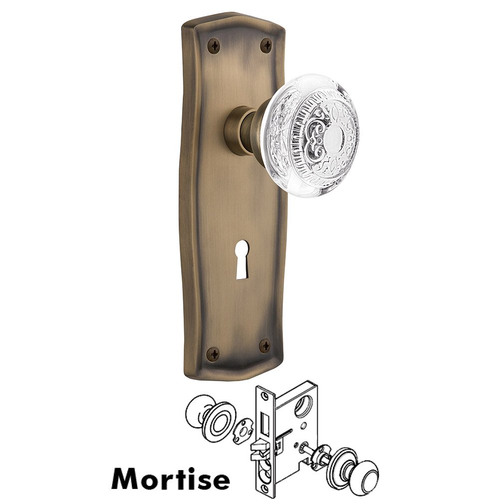 Nostalgic Warehouse Mortise - Prairie Plate With Crystal Egg & Dart Knob in Antique Brass