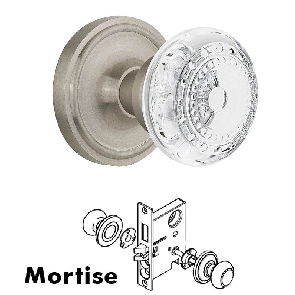 Nostalgic Warehouse Mortise - Classic Rosette With Crystal Meadows Knob in Satin Nickel
