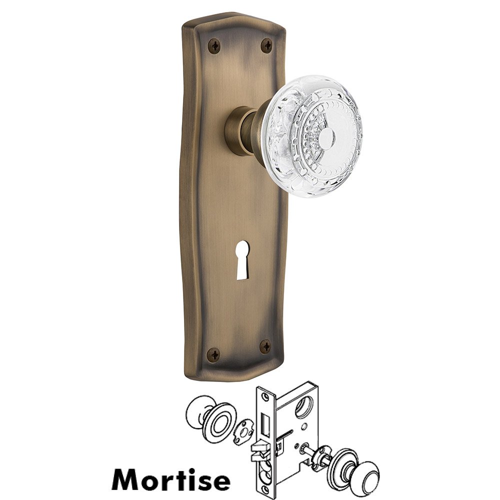 Nostalgic Warehouse Mortise - Prairie Plate With Crystal Meadows Knob in Antique Brass
