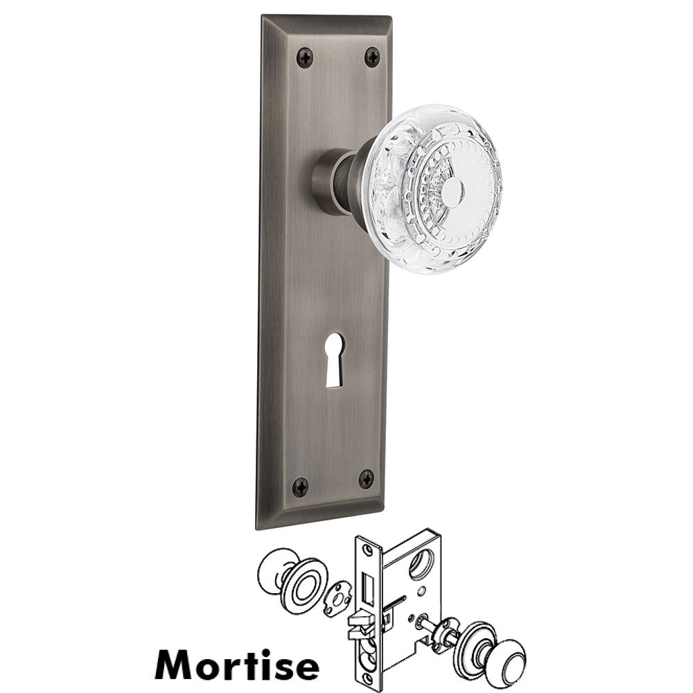 Nostalgic Warehouse Mortise - New York Plate With Crystal Meadows Knob in Antique Pewter