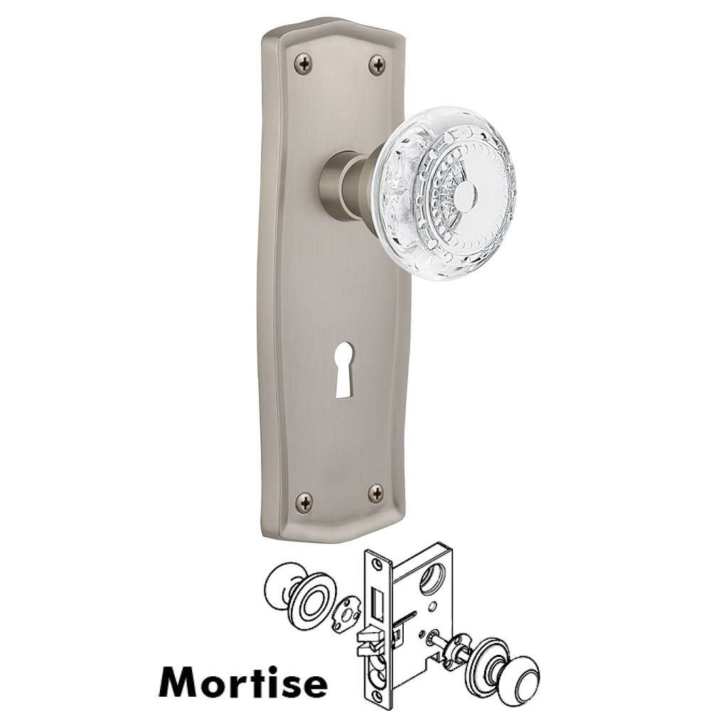 Nostalgic Warehouse Mortise - Prairie Plate With Crystal Meadows Knob in Satin Nickel
