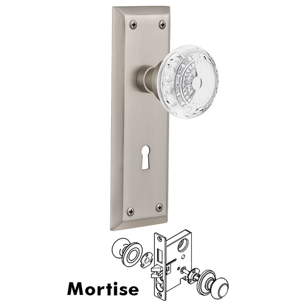 Nostalgic Warehouse Mortise - New York Plate With Crystal Meadows Knob in Satin Nickel