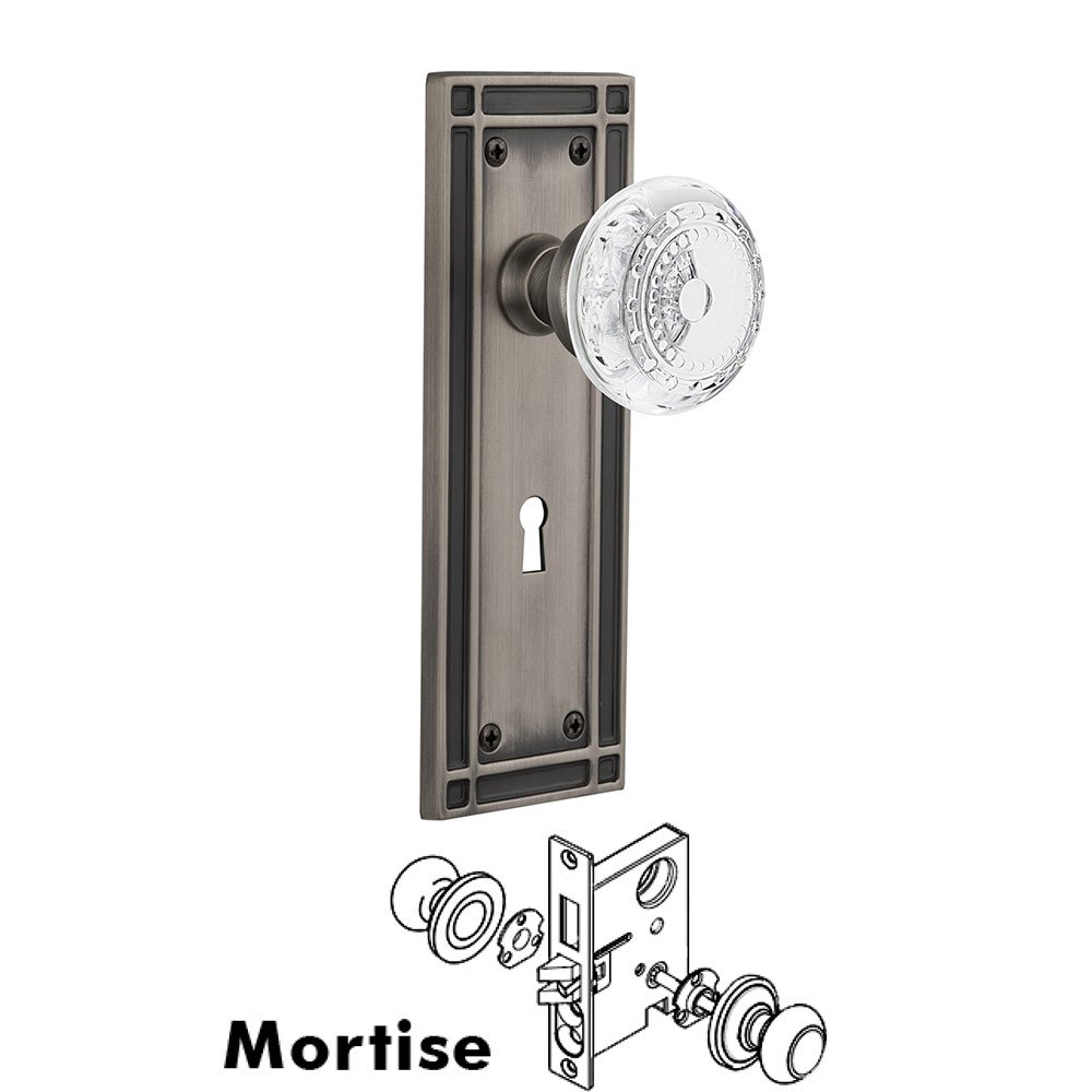 Nostalgic Warehouse Mortise - Mission Plate With Crystal Meadows Knob in Antique Pewter