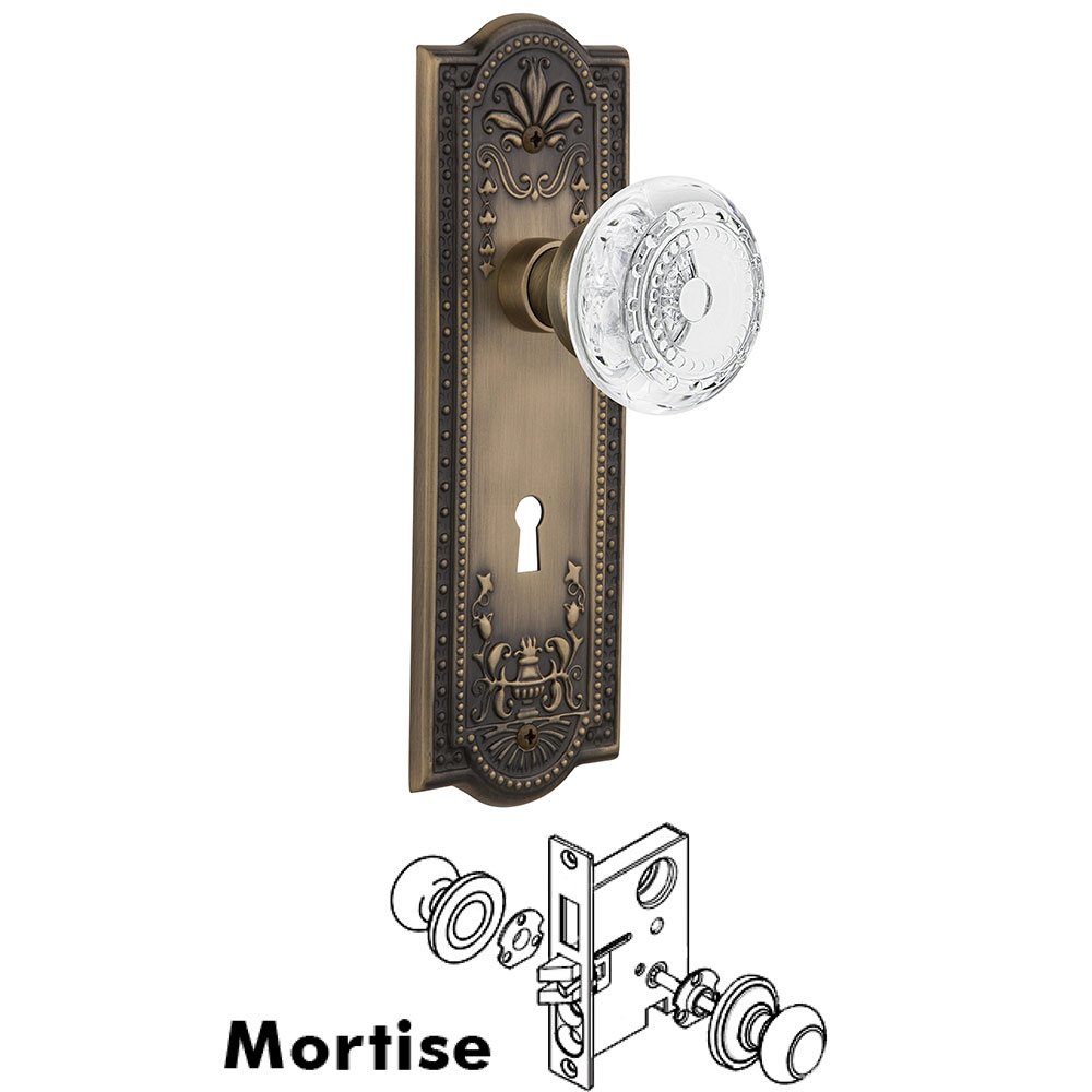 Nostalgic Warehouse Mortise - Meadows Plate With Crystal Meadows Knob in Antique Brass
