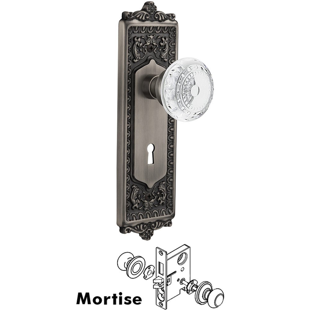 Nostalgic Warehouse Mortise - Egg & Dart Plate With Crystal Meadows Knob in Antique Pewter