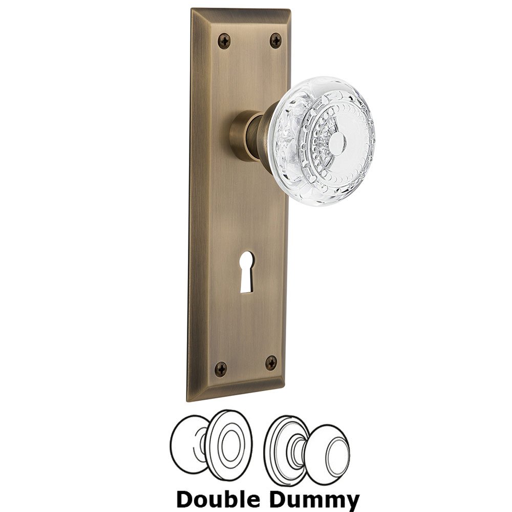Nostalgic Warehouse Double Dummy - New York Plate With Keyhole and Crystal Meadows Knob in Antique Brass