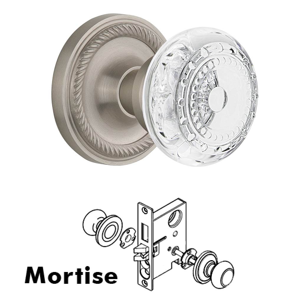 Nostalgic Warehouse Mortise - Rope Rosette With Crystal Meadows Knob in Satin Nickel