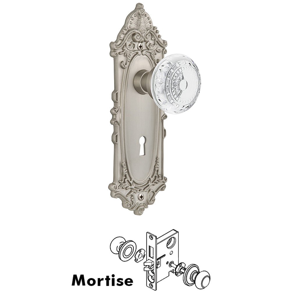 Nostalgic Warehouse Mortise - Victorian Plate With Crystal Meadows Knob in Satin Nickel