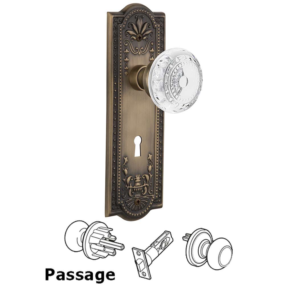 Nostalgic Warehouse Passage - Meadows Plate With Keyhole and Crystal Meadows Knob in Antique Brass