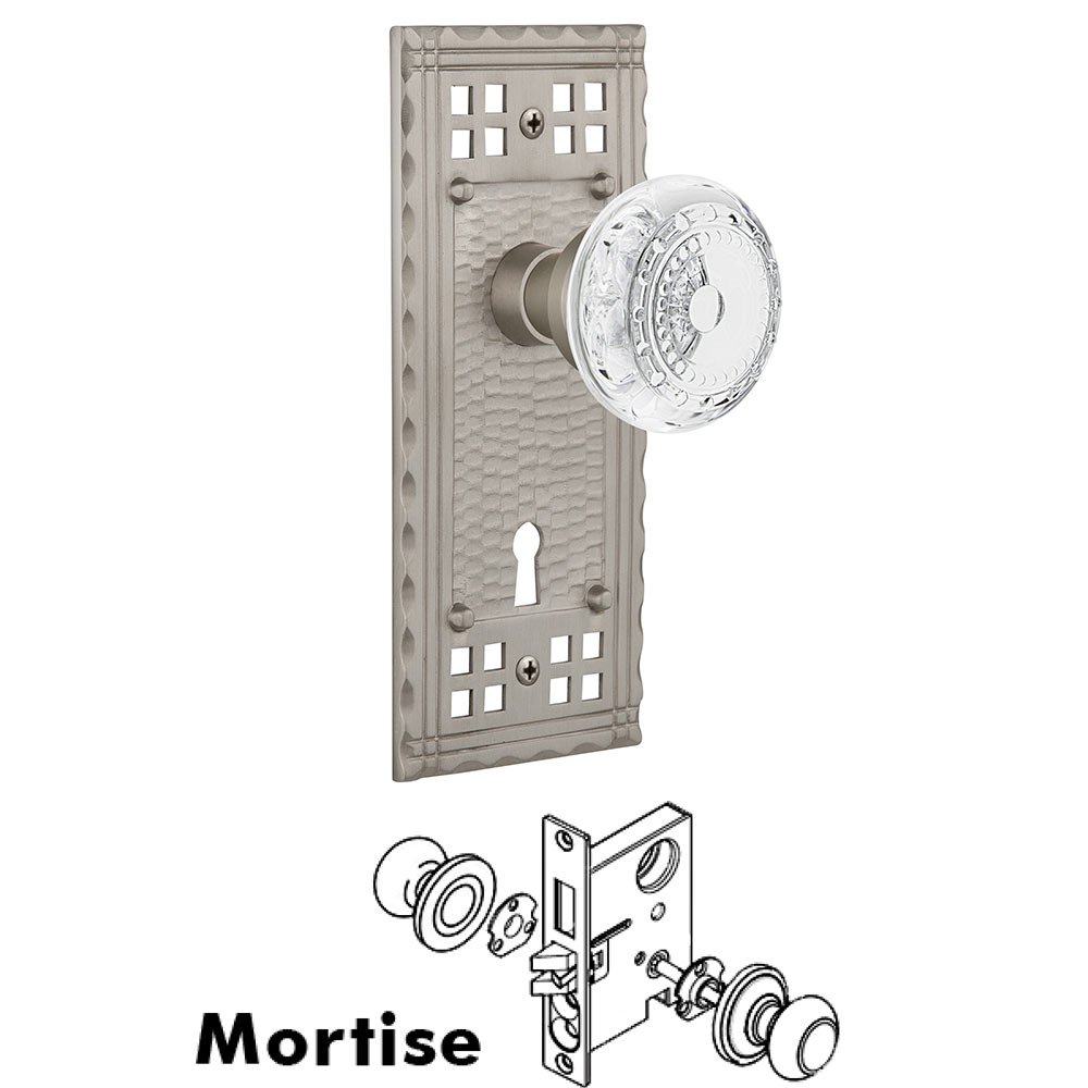 Nostalgic Warehouse Mortise - Craftsman Plate With Crystal Meadows Knob in Satin Nickel