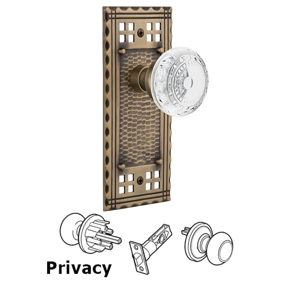 Nostalgic Warehouse Privacy Craftsman Plate With Crystal Meadows Knob in Antique Brass