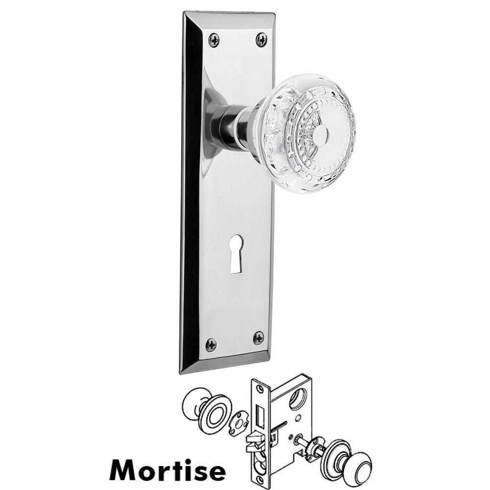 Nostalgic Warehouse Mortise - New York Plate With Crystal Meadows Knob in Bright Chrome