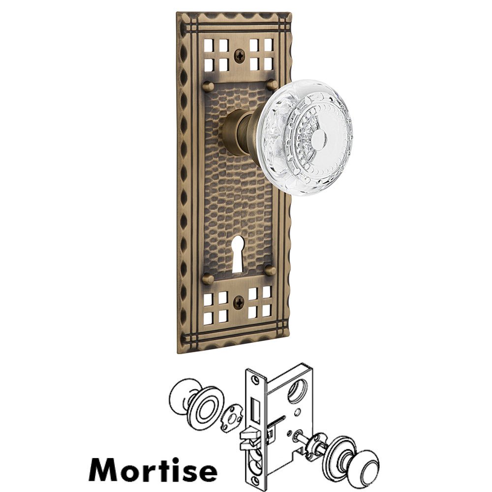 Nostalgic Warehouse Mortise - Craftsman Plate With Crystal Meadows Knob in Antique Brass