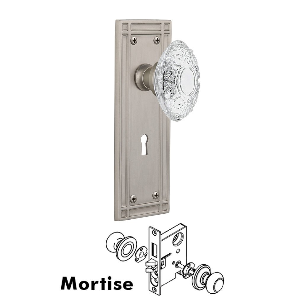 Nostalgic Warehouse Mortise - Mission Plate With Crystal Victorian Knob in Satin Nickel