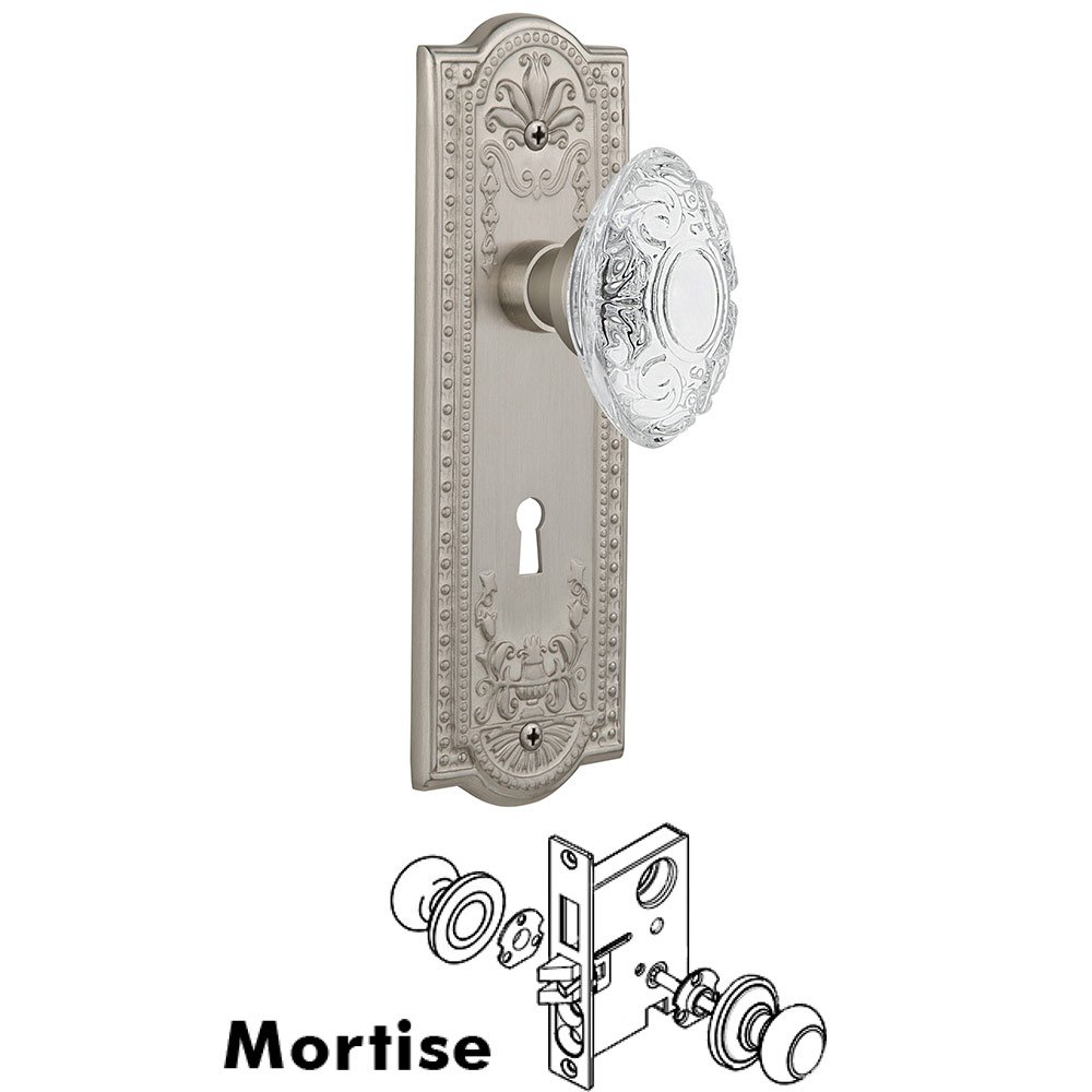 Nostalgic Warehouse Mortise - Meadows Plate With Crystal Victorian Knob in Satin Nickel