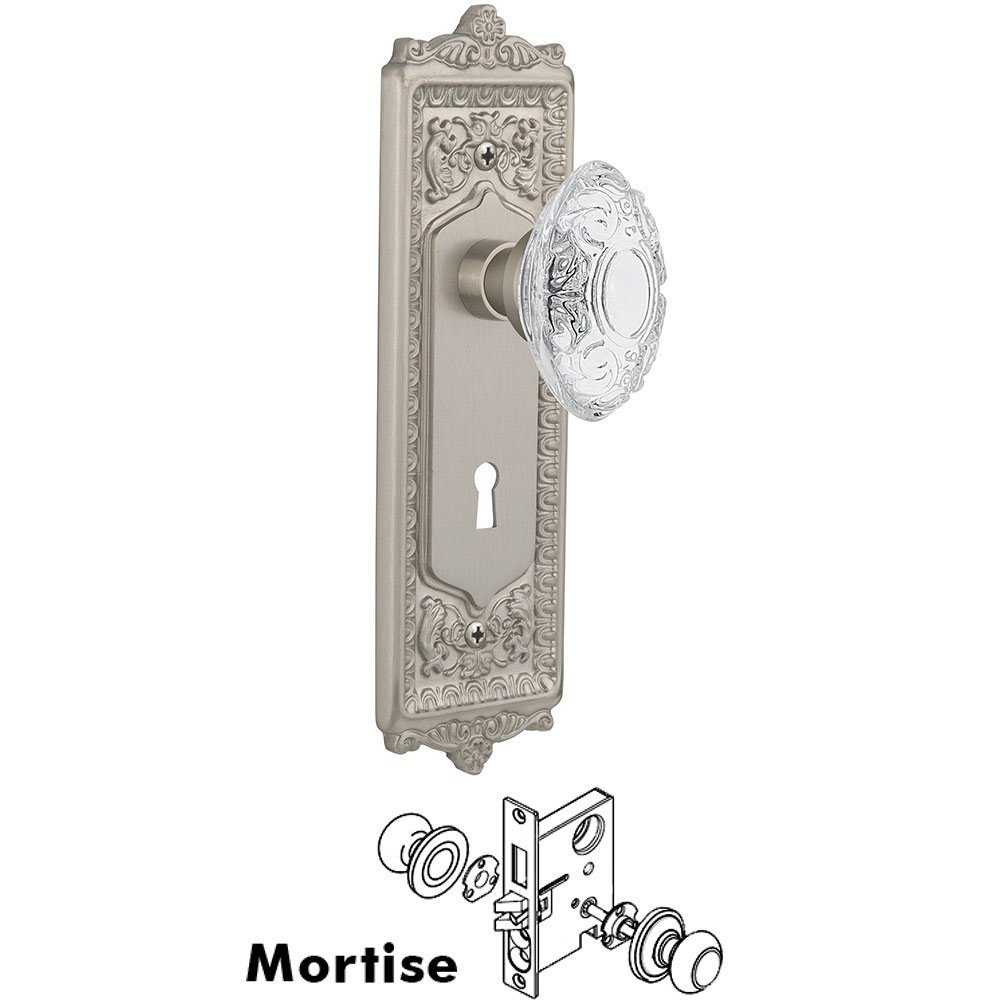 Nostalgic Warehouse Mortise - Egg & Dart Plate With Crystal Victorian Knob in Satin Nickel