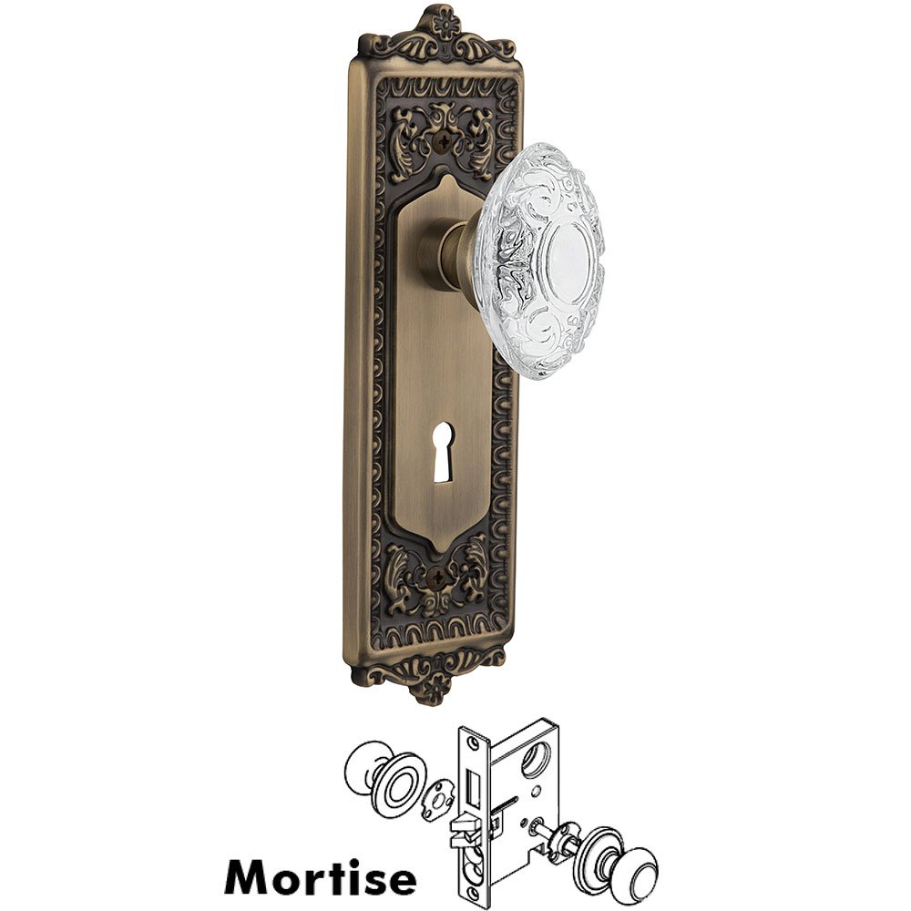 Nostalgic Warehouse Mortise - Egg & Dart Plate With Crystal Victorian Knob in Antique Brass