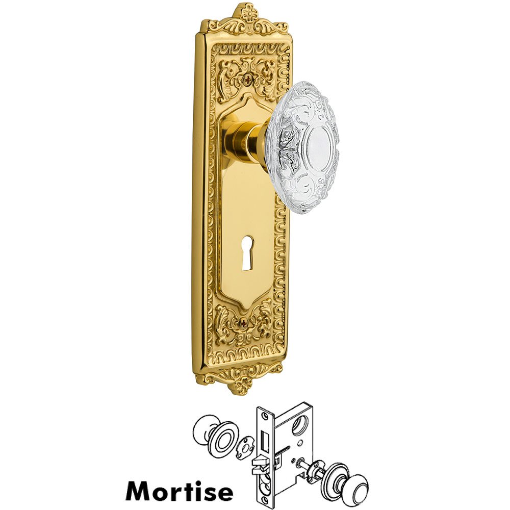 Nostalgic Warehouse Mortise - Egg & Dart Plate With Crystal Victorian Knob in Polished Brass