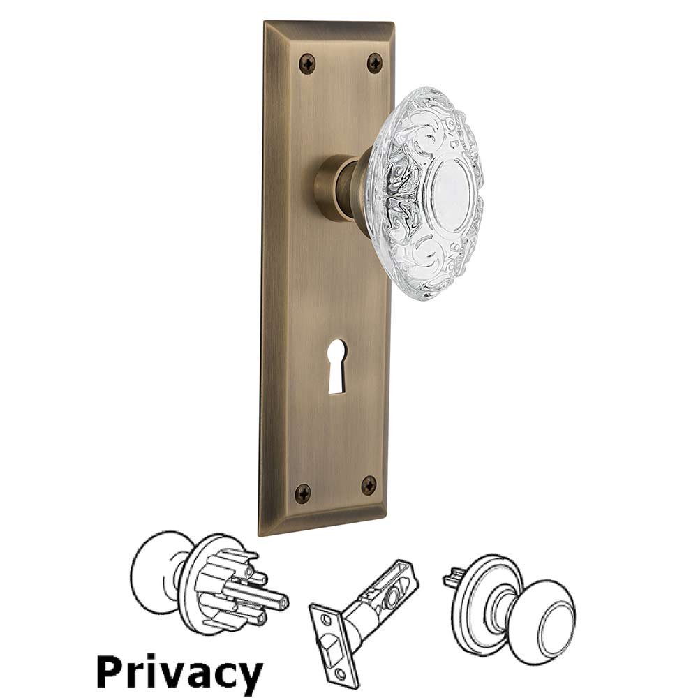 Nostalgic Warehouse Privacy - New York Plate With Keyhole and Crystal Victorian Knob in Antique Brass