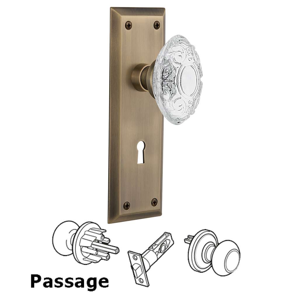 Nostalgic Warehouse Passage - New York Plate With Keyhole and Crystal Victorian Knob in Antique Brass