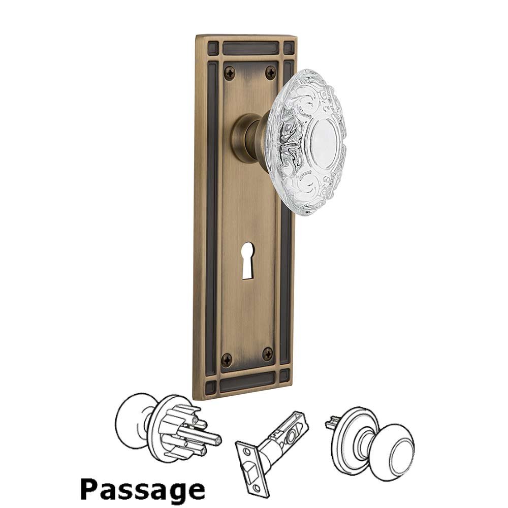 Nostalgic Warehouse Passage - Mission Plate With Keyhole and Crystal Victorian Knob in Antique Brass