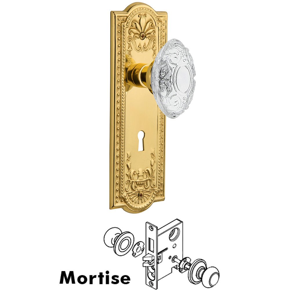 Nostalgic Warehouse Mortise - Meadows Plate With Crystal Victorian Knob in Unlacquered Brass