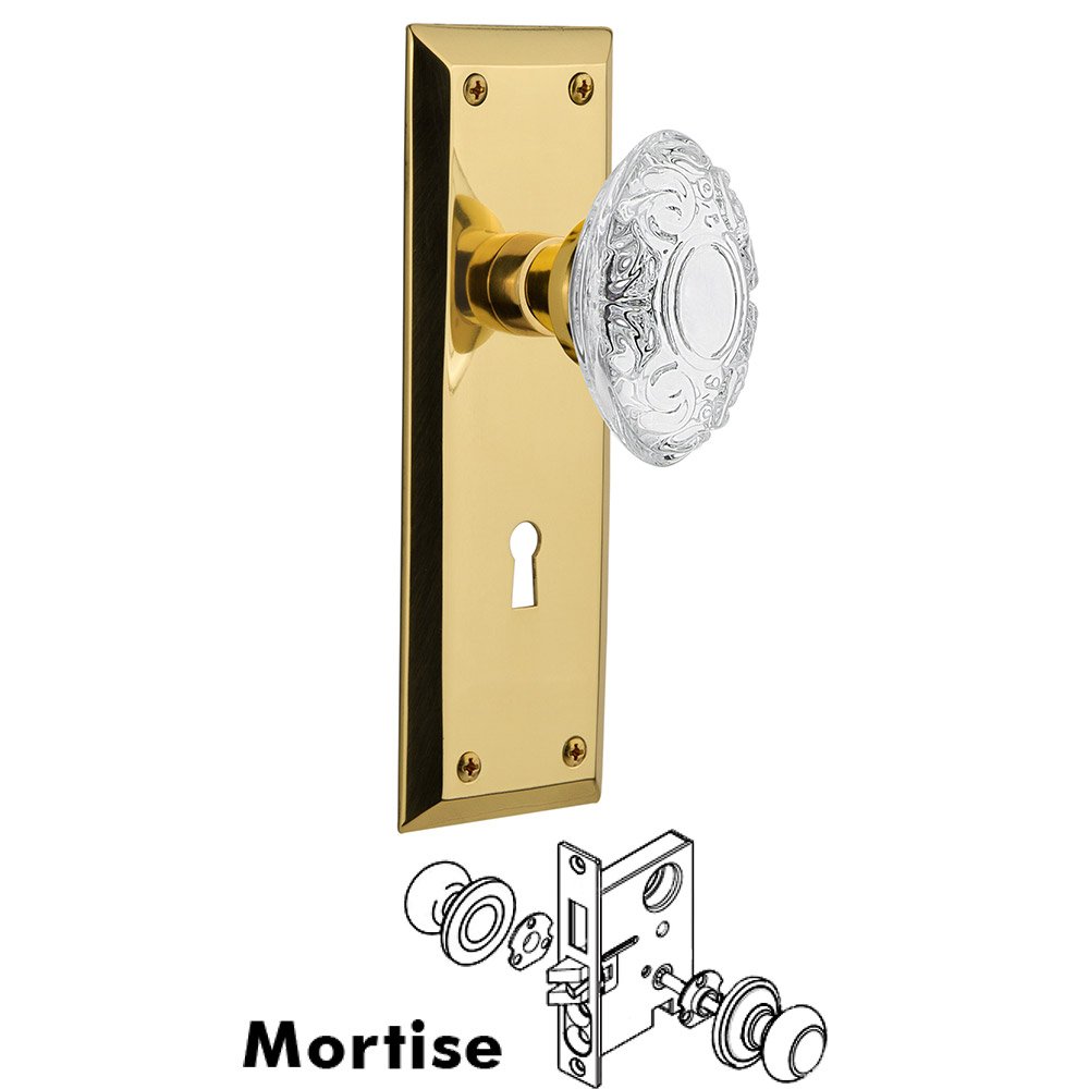 Nostalgic Warehouse Mortise - New York Plate With Crystal Victorian Knob in Unlacquered Brass