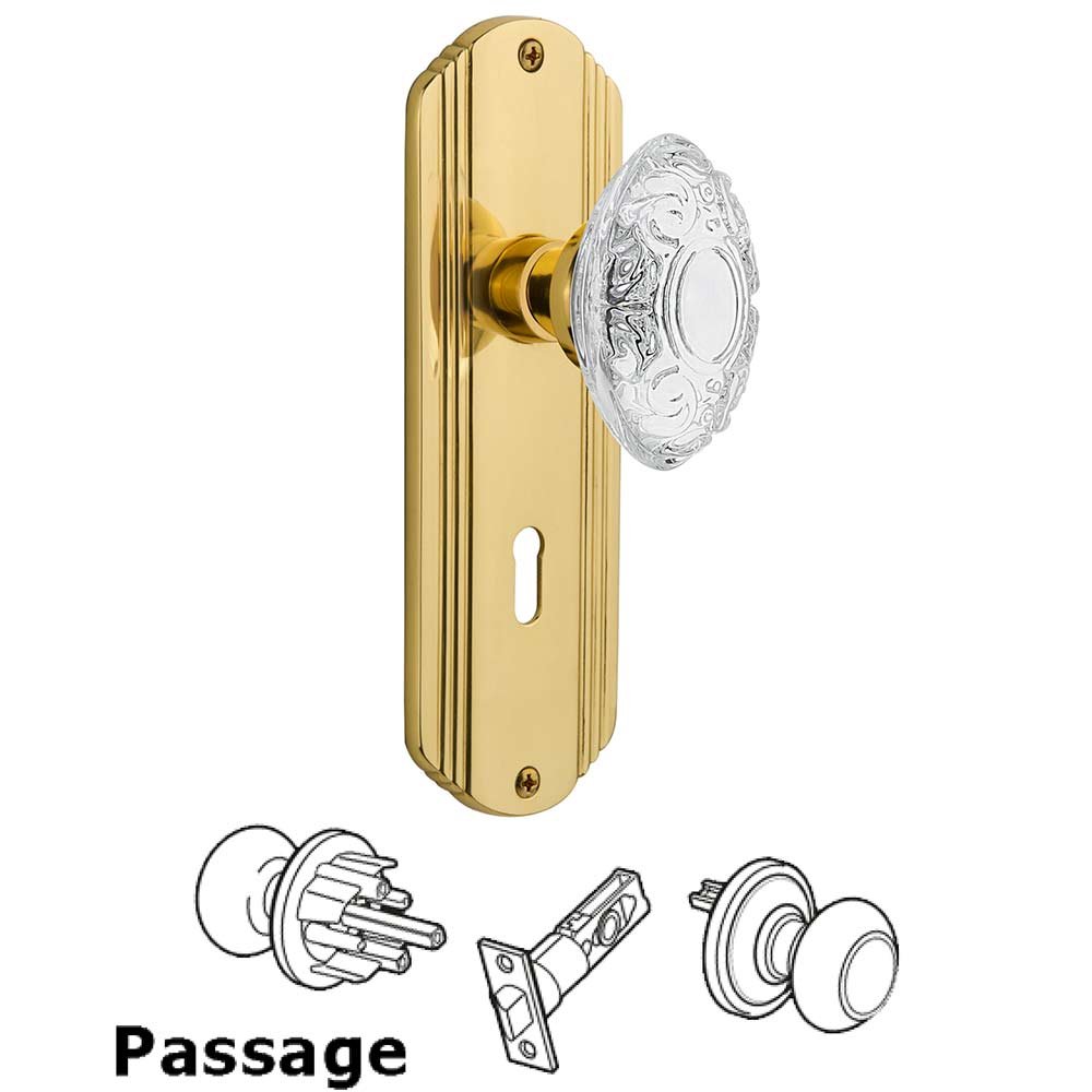 Nostalgic Warehouse Passage - Deco Plate With Keyhole and Crystal Victorian Knob in Unlacquered Brass
