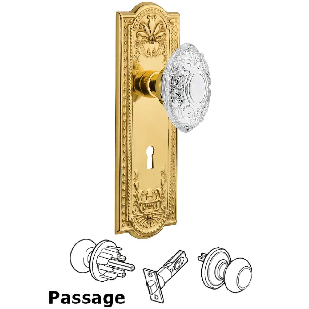 Nostalgic Warehouse Passage - Meadows Plate With Keyhole and Crystal Victorian Knob in Polished Brass