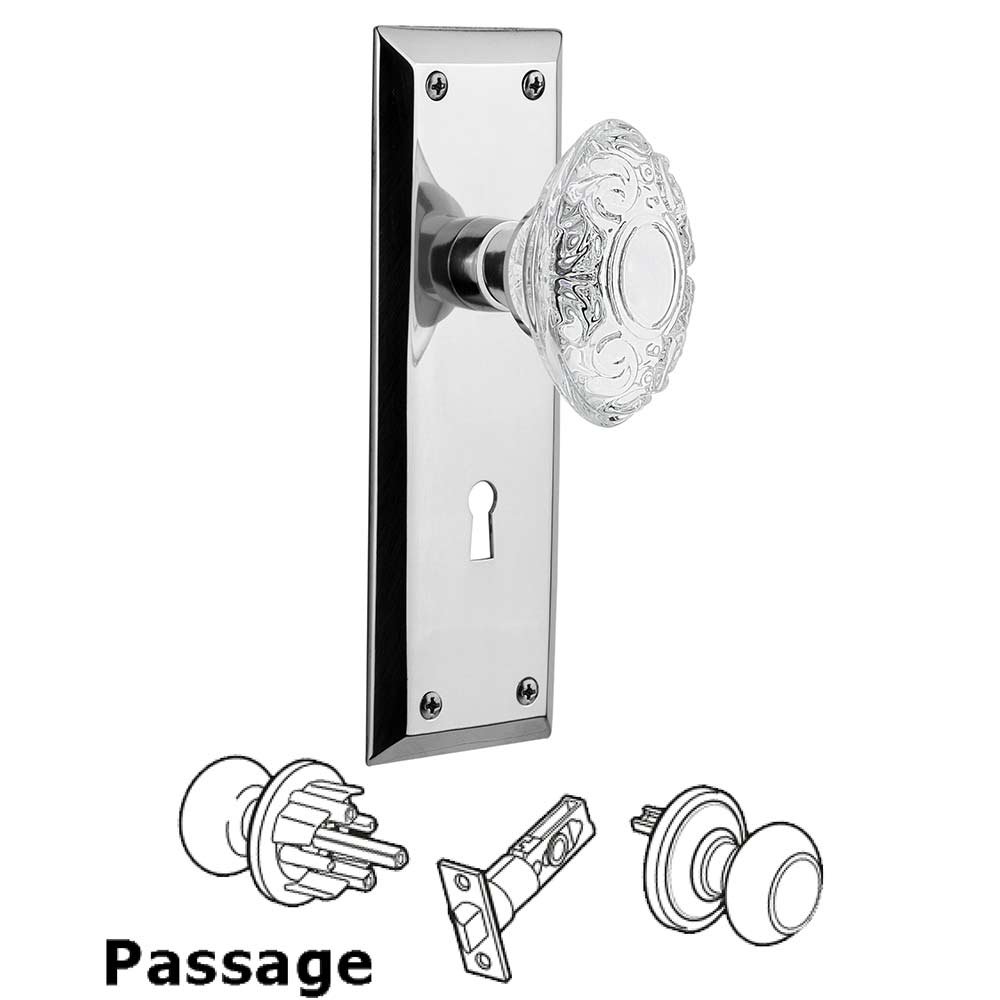 Nostalgic Warehouse Passage - New York Plate With Keyhole and Crystal Victorian Knob in Bright Chrome