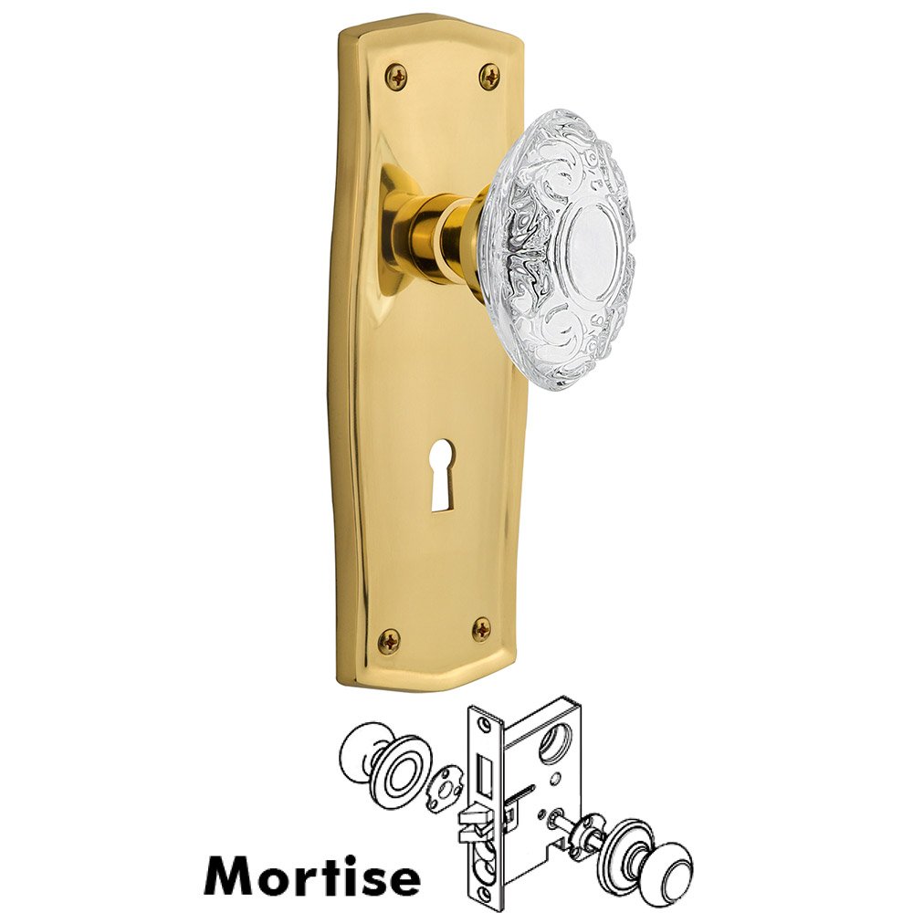 Nostalgic Warehouse Mortise - Prairie Plate With Crystal Victorian Knob in Polished Brass