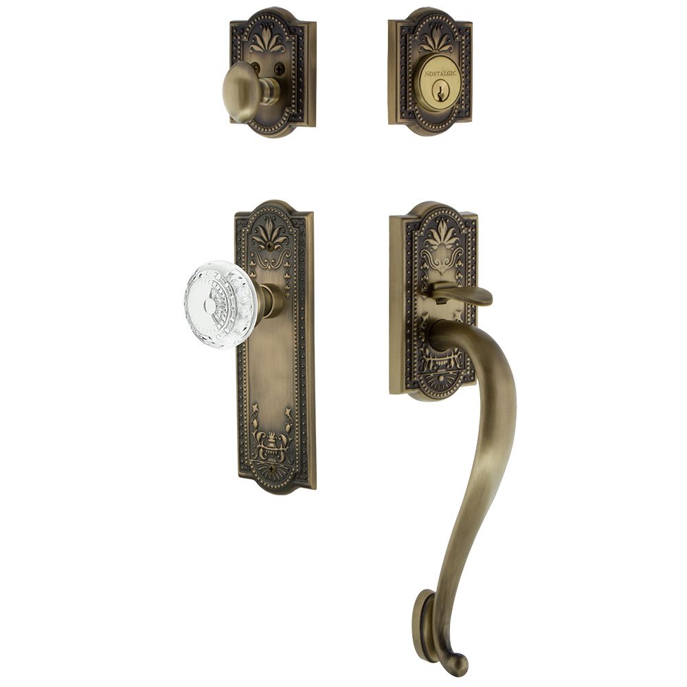 Nostalgic Warehouse Meadows Plate With S Grip And Crystal Meadows Knob in Antique Brass