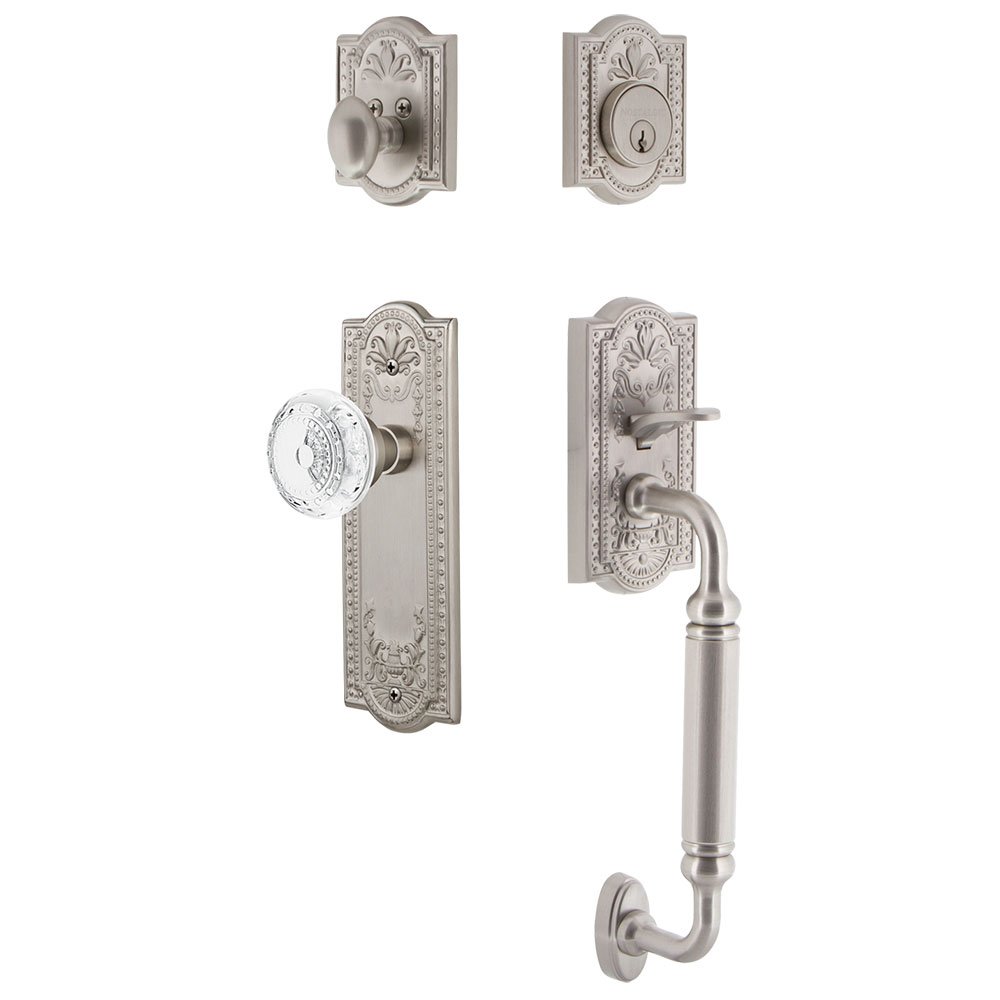 Nostalgic Warehouse Meadows Plate With C Grip And Crystal Meadows Knob in Satin Nickel