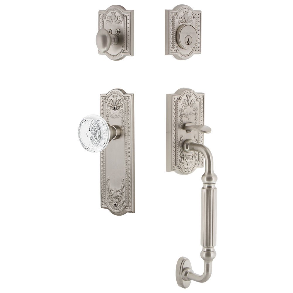 Nostalgic Warehouse Meadows Plate With F Grip And Crystal Meadows Knob in Satin Nickel