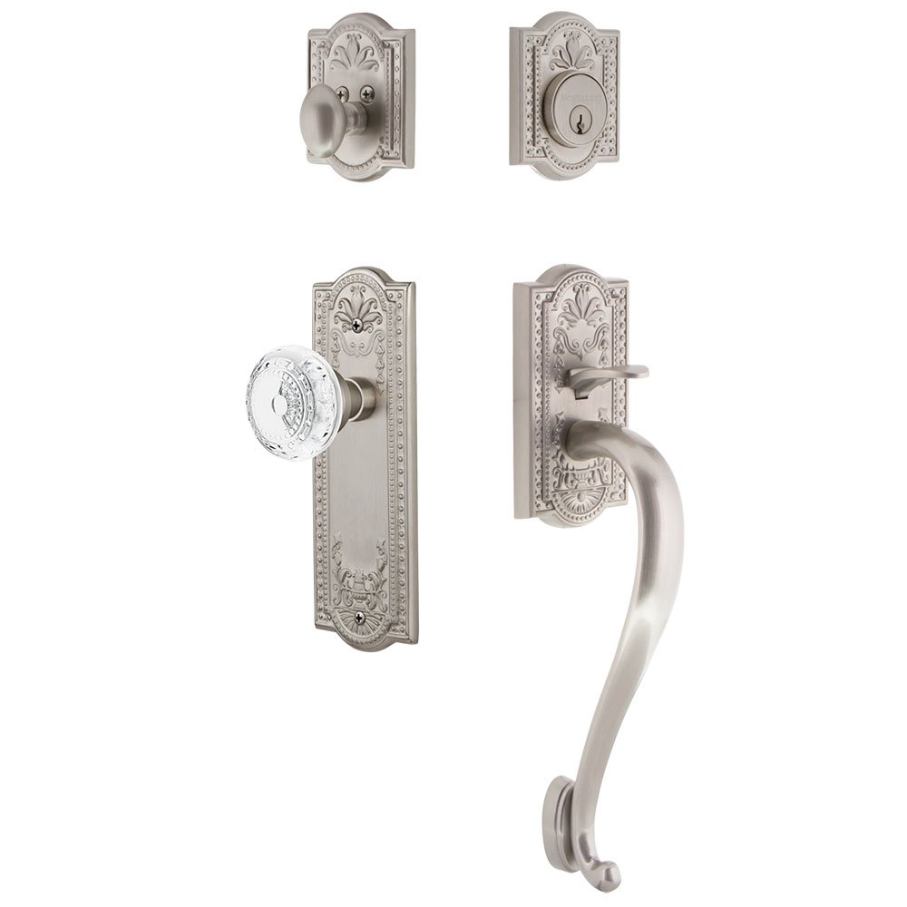 Nostalgic Warehouse Meadows Plate With S Grip And Crystal Meadows Knob in Satin Nickel