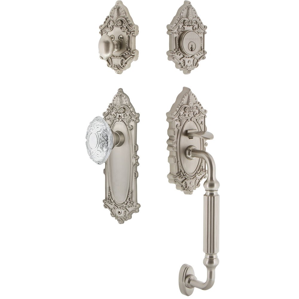 Nostalgic Warehouse Victorian Plate With F Grip And Crystal Victorian Knob in Satin Nickel
