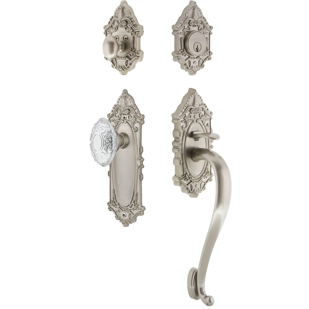 Nostalgic Warehouse Victorian Plate With S Grip And Crystal Victorian Knob in Satin Nickel