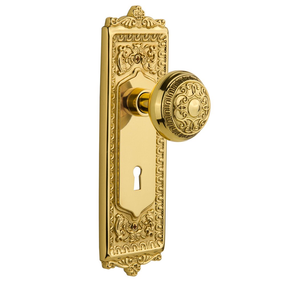 Nostalgic Warehouse Passage Egg & Dart Plate with Keyhole and Egg & Dart Door Knob in Polished Brass