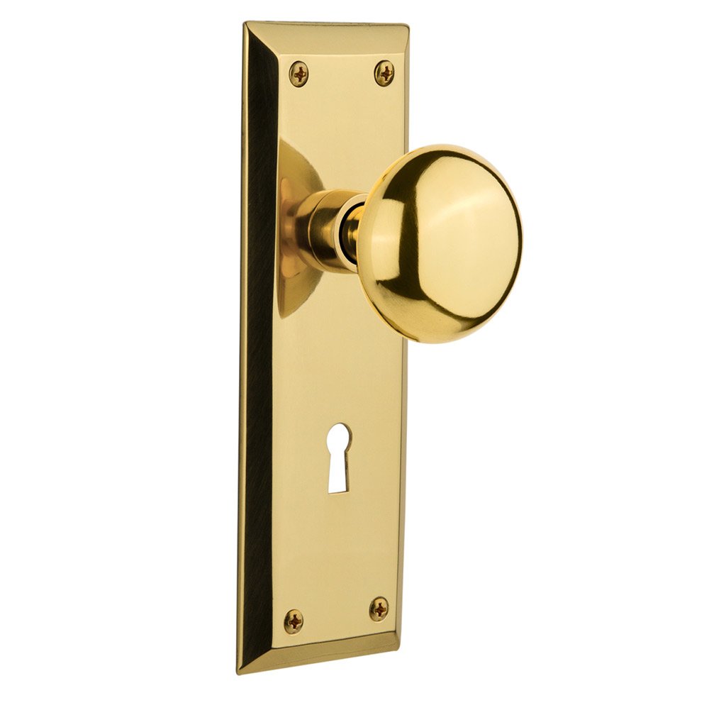 Nostalgic Warehouse Single Dummy New York Plate with Keyhole and New York Door Knob in Polished Brass