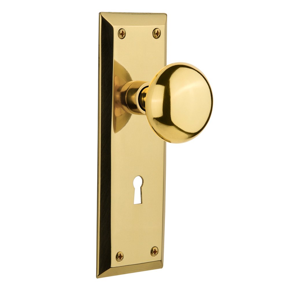 Nostalgic Warehouse Privacy New York Plate with Keyhole and New York Door Knob in Polished Brass