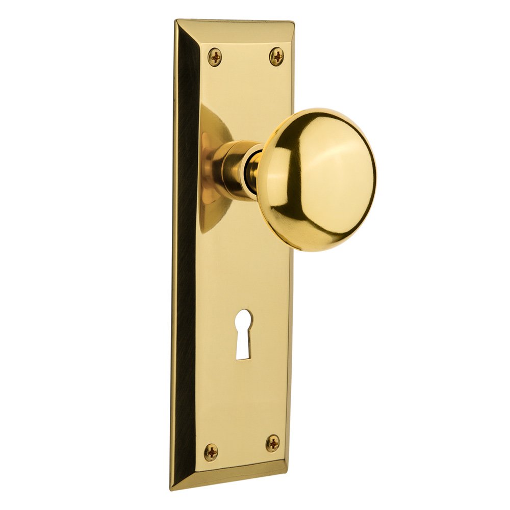 Nostalgic Warehouse Passage New York Plate with Keyhole and New York Door Knob in Polished Brass