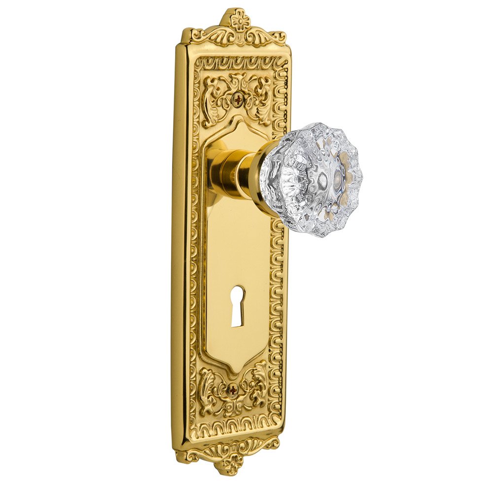 Nostalgic Warehouse Single Dummy Egg & Dart Plate with Keyhole and Crystal Glass Door Knob in Polished Brass