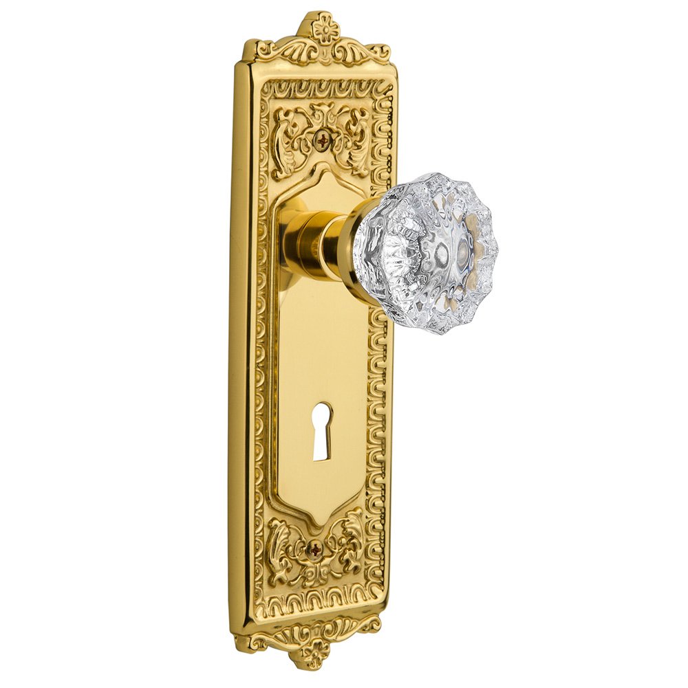 Nostalgic Warehouse Double Dummy Egg & Dart Plate with Keyhole and Crystal Glass Door Knob in Polished Brass