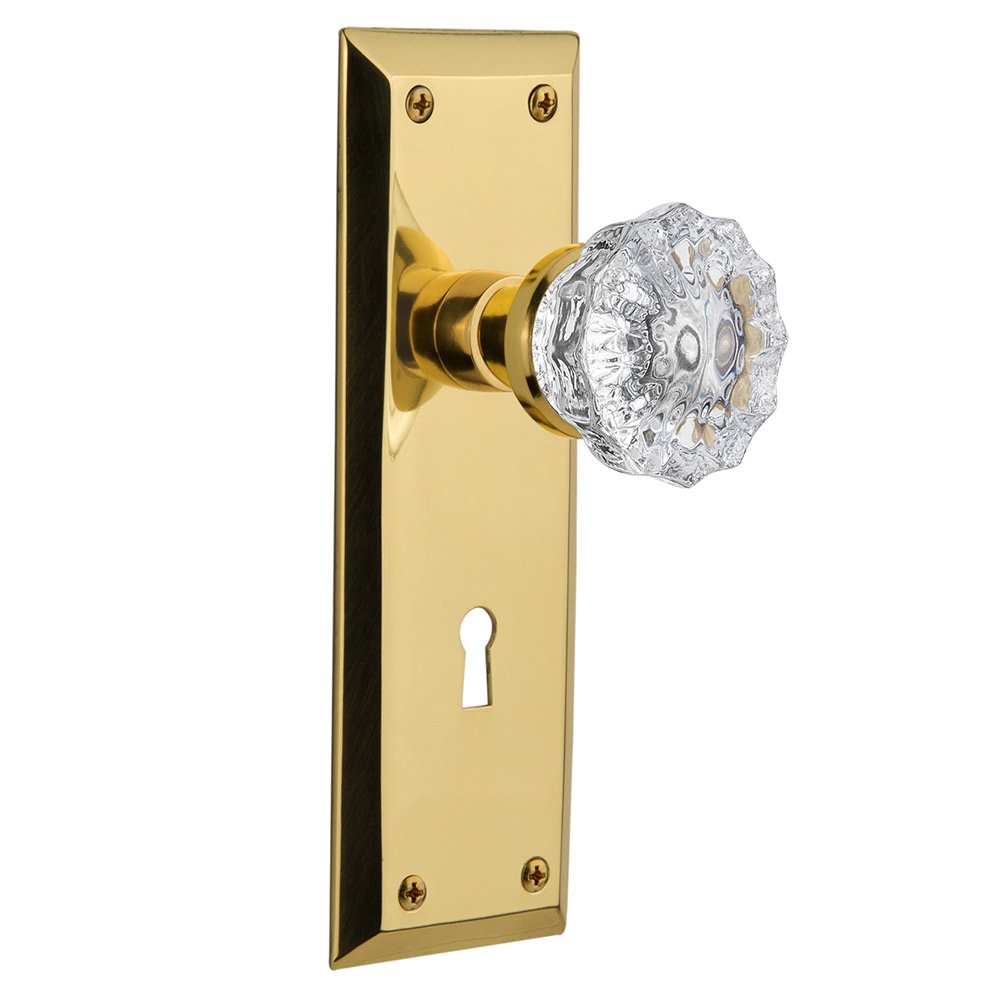 Nostalgic Warehouse Double Dummy New York Plate with Keyhole and Crystal Glass Door Knob in Polished Brass