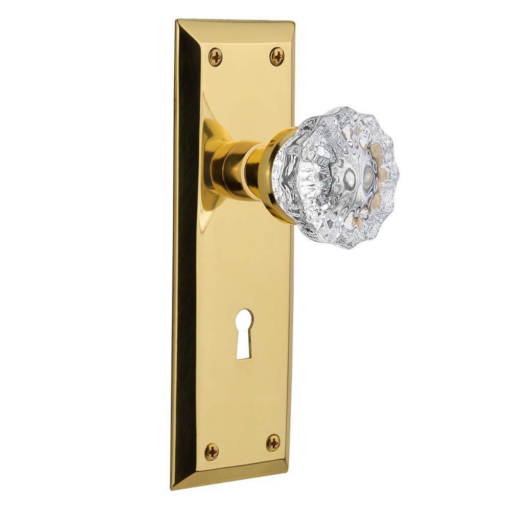 Nostalgic Warehouse Interior Mortise New York Plate Crystal Glass Door Knob in Polished Brass