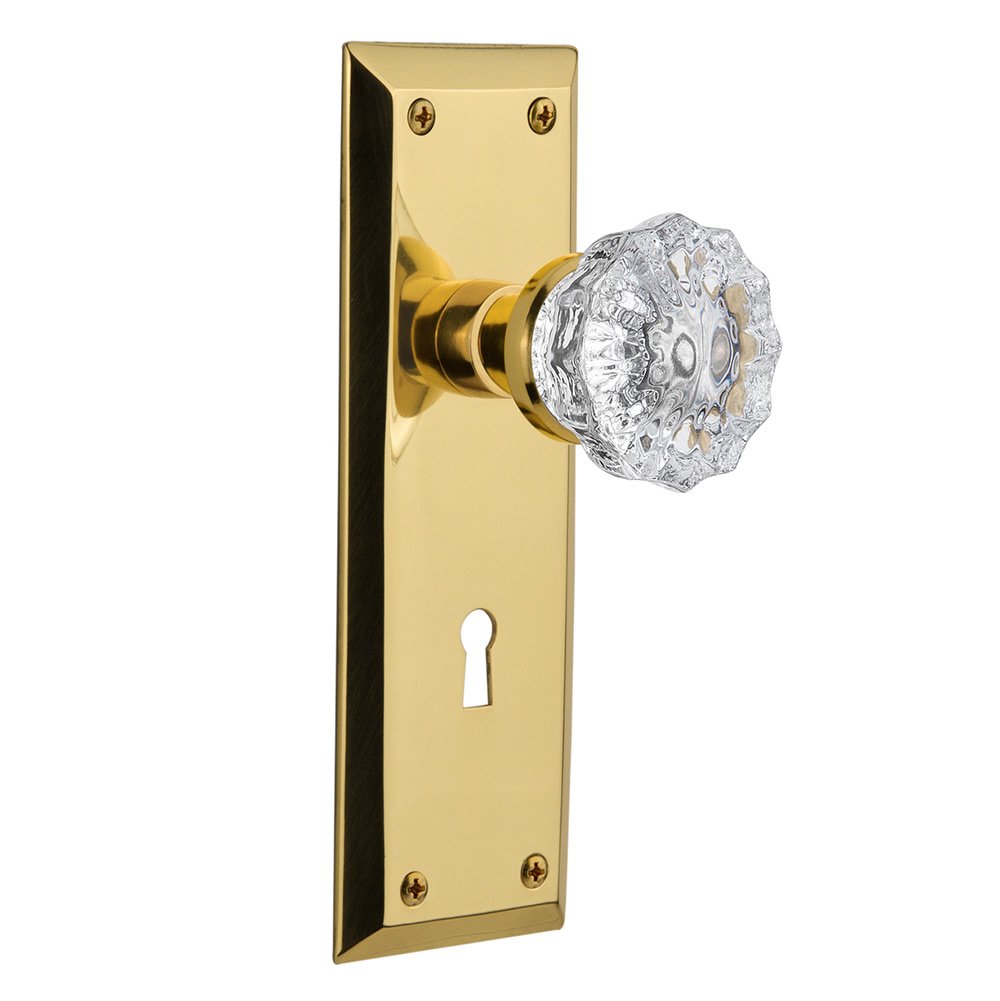 Nostalgic Warehouse Privacy New York Plate with Keyhole and Crystal Glass Door Knob in Polished Brass