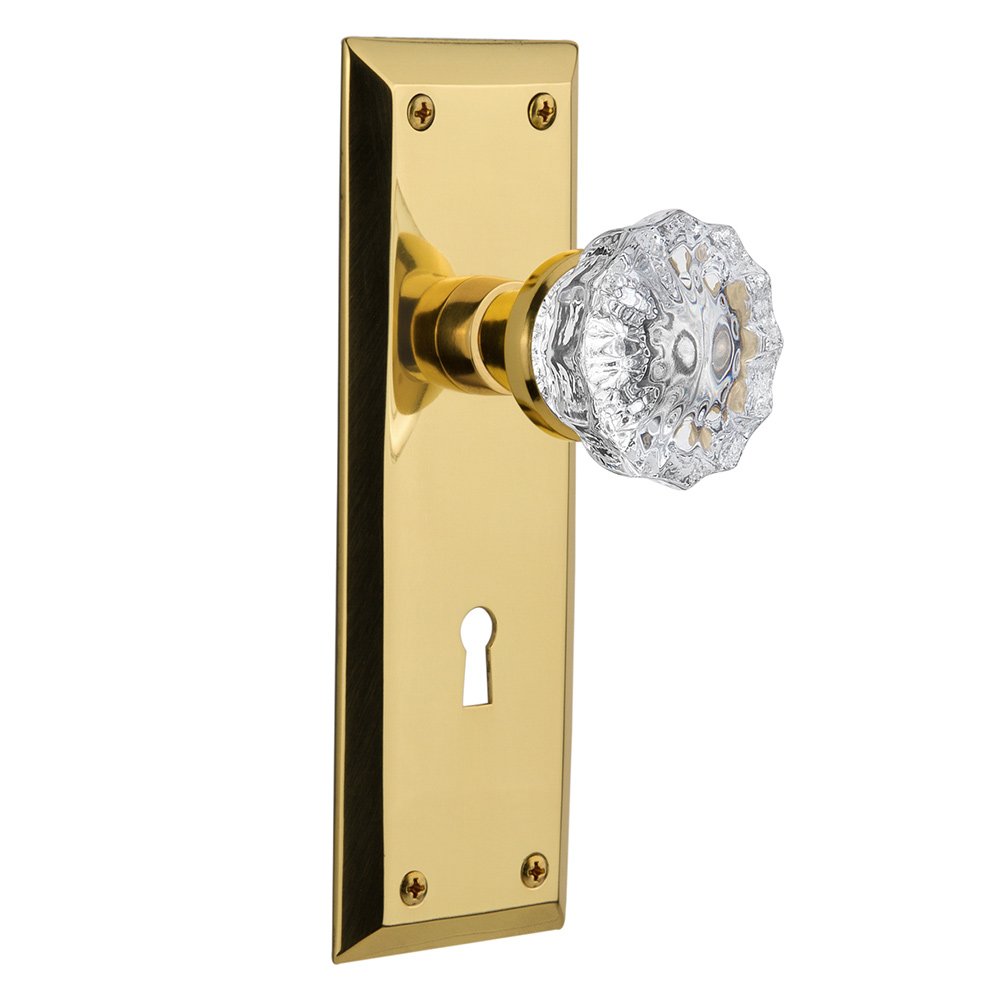 Nostalgic Warehouse Passage New York Plate with Keyhole and Crystal Glass Door Knob in Polished Brass