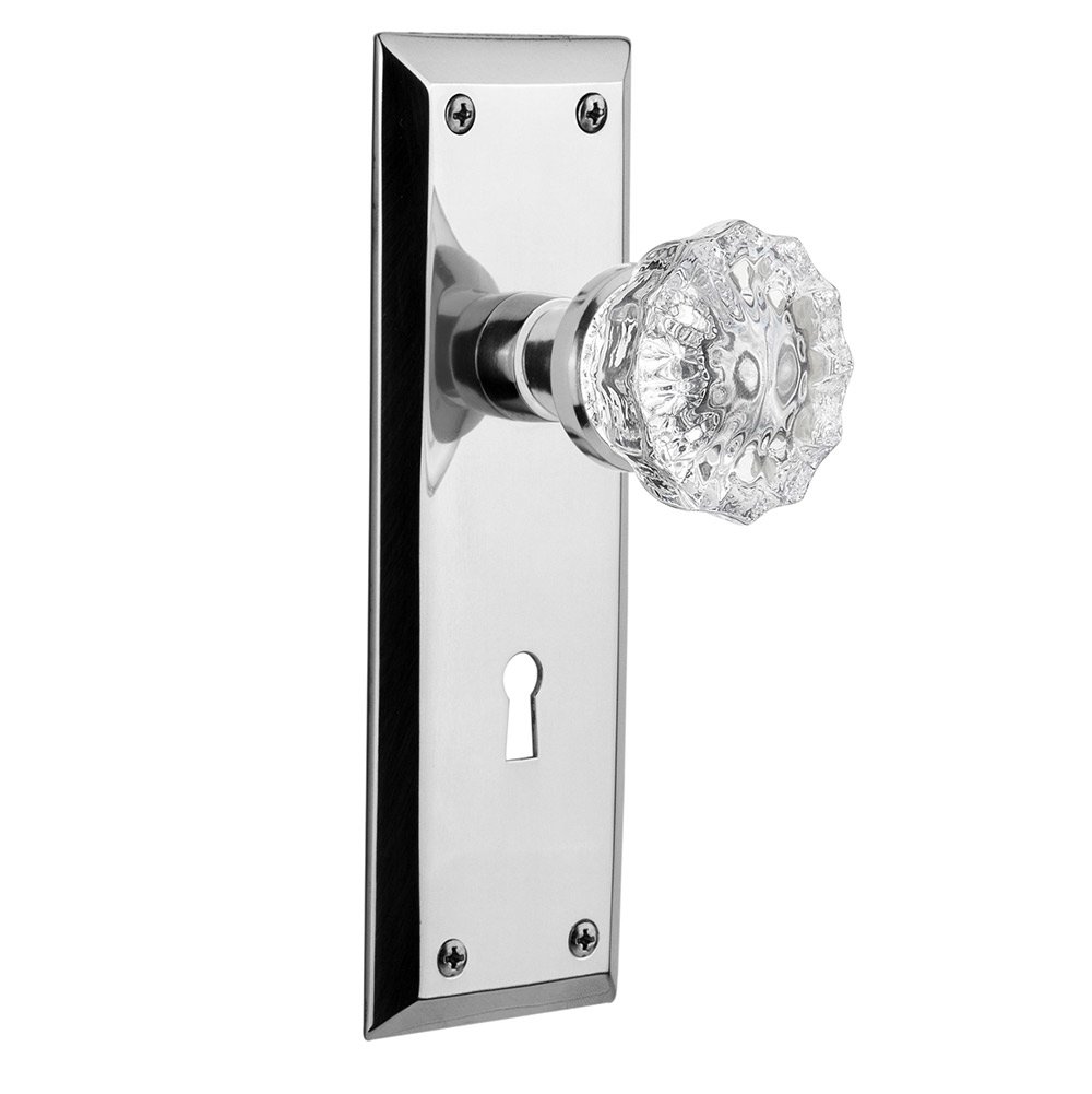 Nostalgic Warehouse Single Dummy New York Plate with Keyhole and Crystal Glass Door Knob in Bright Chrome