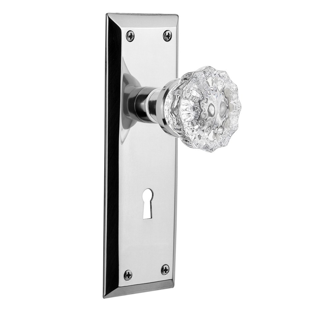 Nostalgic Warehouse Privacy New York Plate with Keyhole and Crystal Glass Door Knob in Bright Chrome