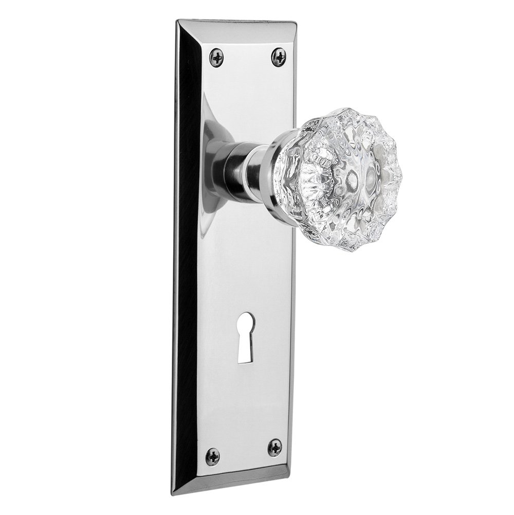 Nostalgic Warehouse Passage New York Plate with Keyhole and Crystal Glass Door Knob in Bright Chrome